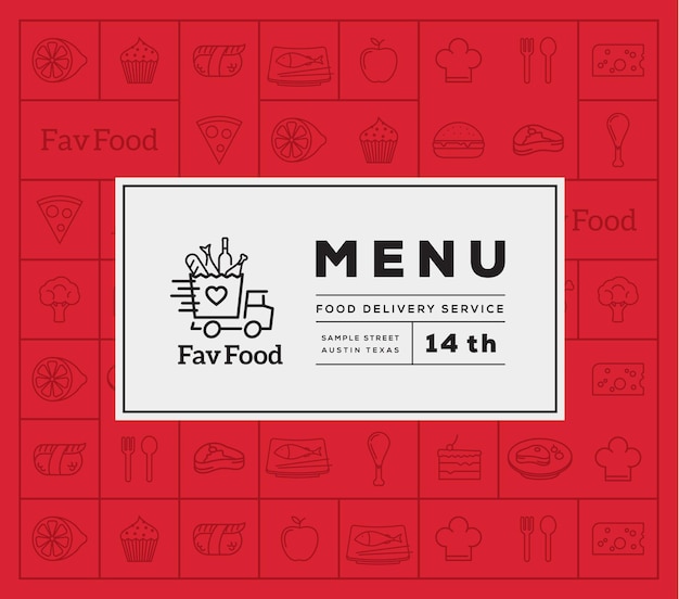레스토랑이나 패스트 푸드 등에 좋은 선 스타일 아이콘 패턴이 있는 좋아하는 음식 배달 추상적 인 벡터 로고 및 메뉴 커버