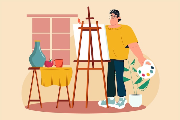 Vector favorite hobby yellow concept with people scene in the flat cartoon design the boy paints