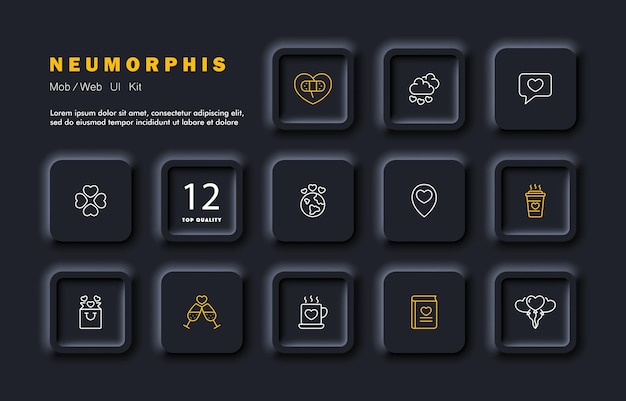 Favourite things set icon Heart love broken band aid valentine message confess planet luck pointer cup bag champagne glass book balloon Feelings concept Neomorphism Vector line icon