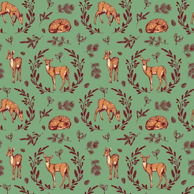 Vector fawn deer floral forest seamless pattern realistic illustrations hand drawn vector sketches vintage wallpaper style