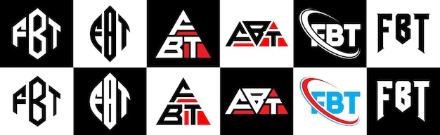 Design del logo della lettera fbt in sei stili fbt poligono cerchio triangolo esagono stile piatto e semplice con logo della lettera con variazione di colore in bianco e nero impostato su una tavola da disegno logo fbt minimalista e classico