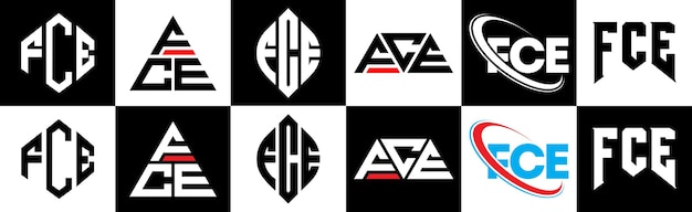 FCE letterlogo-ontwerp in zes stijlen FCE veelhoek cirkel driehoek zeshoek platte en eenvoudige stijl met zwart-witte kleurvariatie letterlogo in één tekengebied FCE minimalistisch en klassiek logo