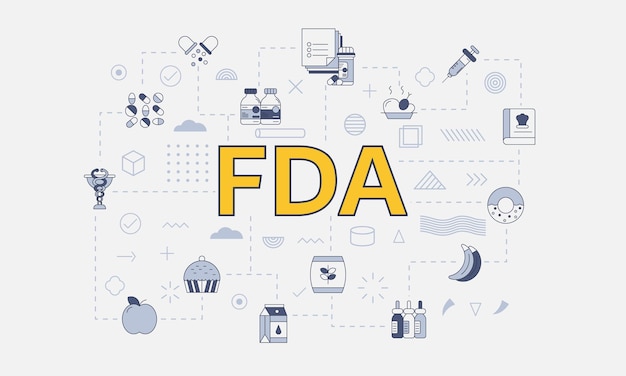 중앙 터 일러스트에 큰 단어 또는 텍스트와 함께 아이콘 세트를 가진 FDA 식품 및 의약품 관리 개념