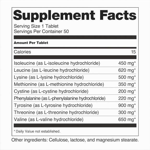 Vector fda nutrition supplement facts labeling labels dietary supplement of amino acids