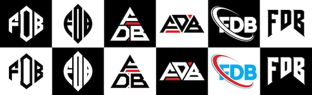 FDB letterlogo-ontwerp in zes stijlen FDB veelhoek cirkel driehoek zeshoek platte en eenvoudige stijl met zwart-witte kleurvariatie letterlogo in één tekengebied FDB minimalistisch en klassiek logo