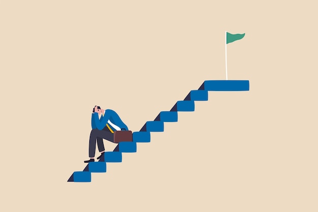 Fear of failure, anxiety or stressed, negative emotion in\
career development, afraid of progress forward or middle life\
crisis concept, depressed businessman sitting alone on stairway to\
success goal.