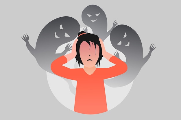 Fear panic phobia frustration attack concept Frightened woman with scary shadow ghosts in background Vector illustration