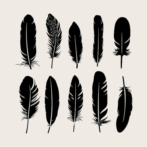 Vector feather black silhouette hand drawing a sketch of feather icons