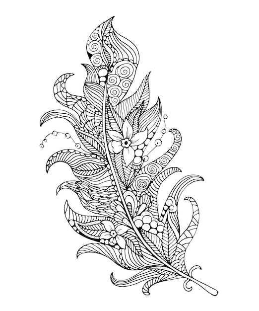 Vector feather coloring page. hand-drawing feather