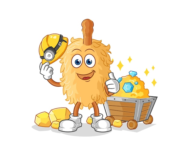 Feather duster mijnwerker met gouden karakter cartoon mascotte vector