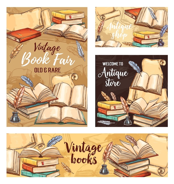 Vector feather pen old book and ink sketch banners