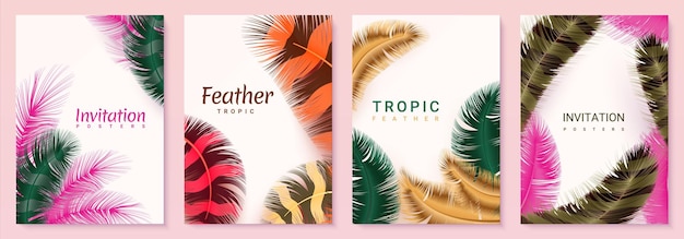 Feather posters Uitnodiging en verjaardagskaarten met realistische pluizige 3D regenboog verenkleed achtergrond set met gekleurde veren Exotische pen briefkaart vector banners met kopie ruimte