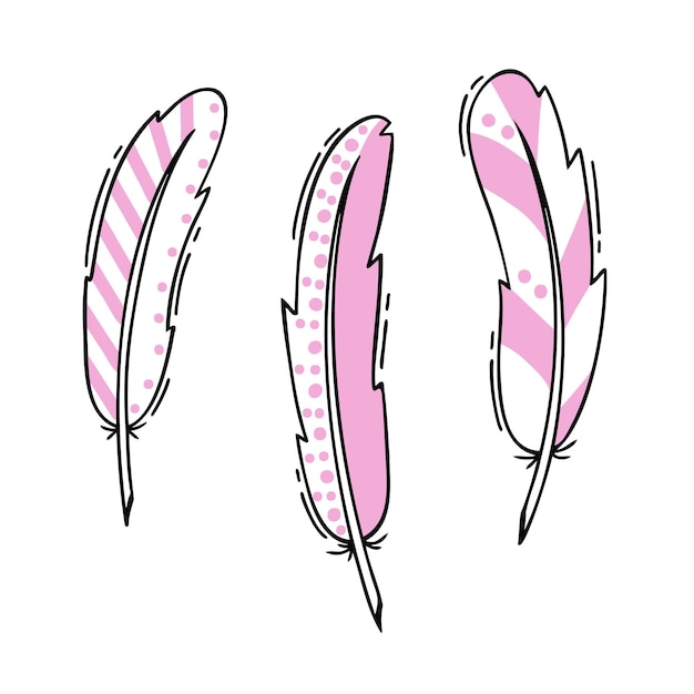 Vector feather set pink fluff hand drawn illustration