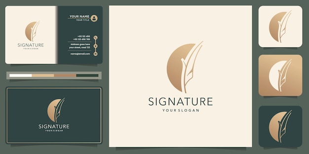 Feather silhouette ink logo design inspiration with business card template signature feather quill