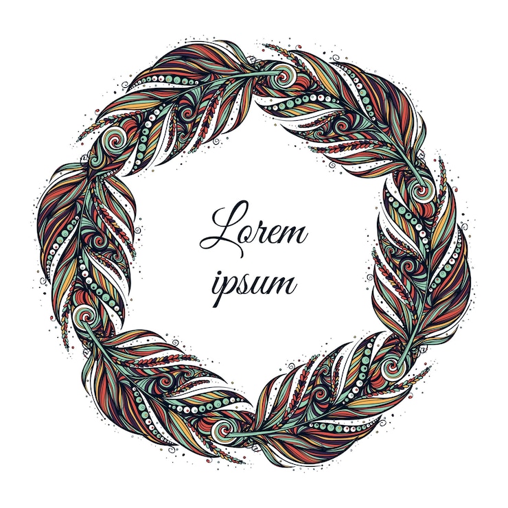 Vector feather wreath. hand drawn illustration in boho vintage style