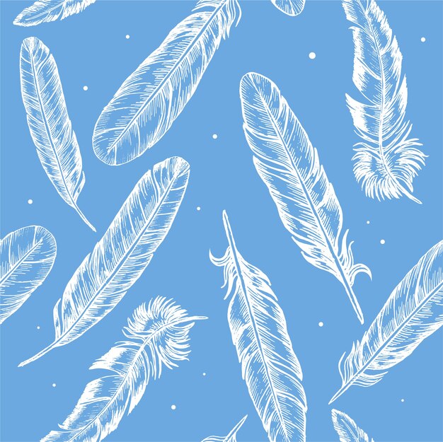 Vector feathers hand draw sketch boho or ethnic style background pattern on blue. 