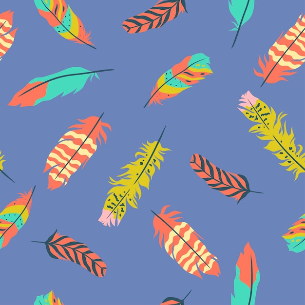 Feathers seamless pattern in boho style. Vector graphics.