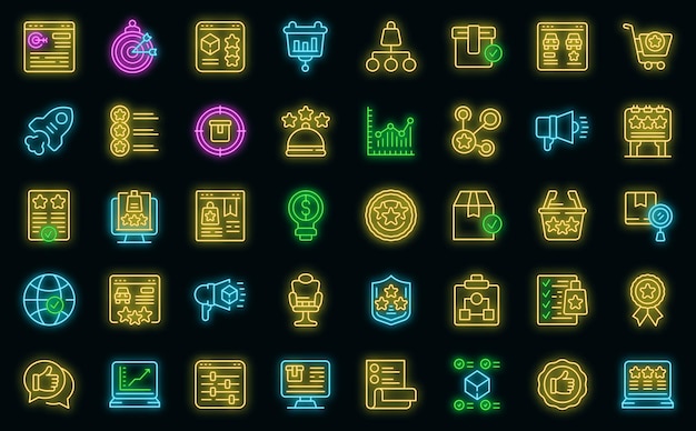 Featured product icons set. outline set of featured product vector icons neon color on black