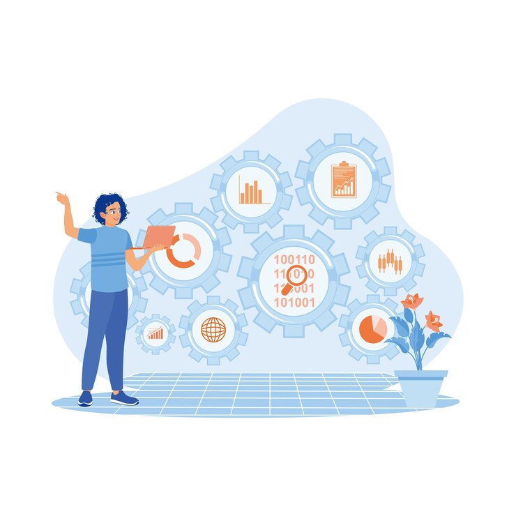 Vector features marketing icons connected to kpi financial charts and graphs business analysis concept