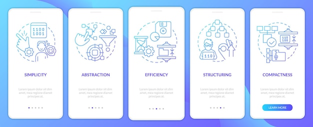 Features of programming languages blue gradient onboarding mobile app screen