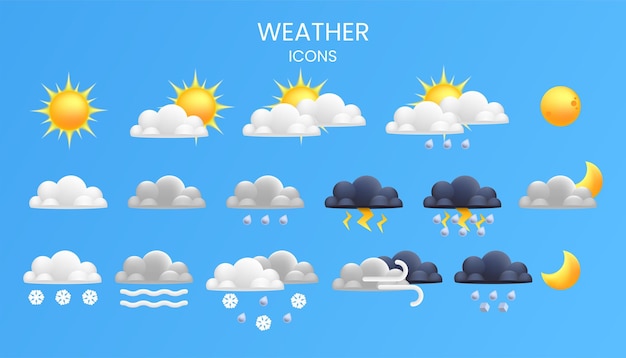 ベクトル 日月、雨、雪、雲、雷雨のリアルで漫画的な 3d アイコンが特徴です