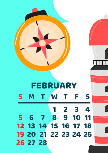 Februari 2023 kalenderpagina cartoon vectorillustratie met schattig kompas sjabloon om af te drukken verticale lay-out witte achtergrond