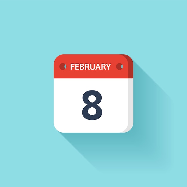Februari isometrische kalender pictogram met schaduw vector illustratie platte stijl maand en datum zondag