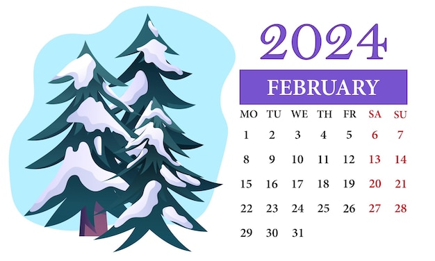 Februari Maandkalender 2024 met besneeuwde bomen