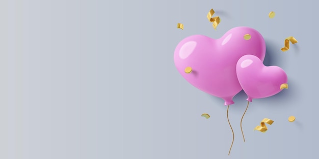 Вектор Фон вечеринки 14 февраля с пастельным розовым 3d-сердечными воздушными шарами золотыми конфетами и копировальным пространством