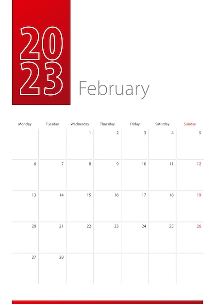 Premium Vector | February 2023 calendar design week starts on monday ...