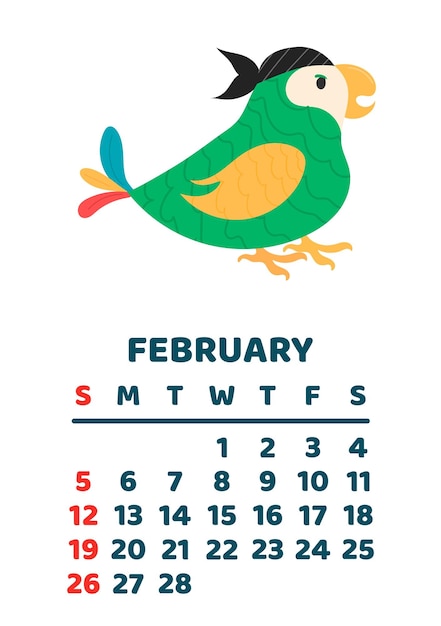 February 2023 calendar page vector cartoon illustration with cute pirate parrot template for print vertical layout white background