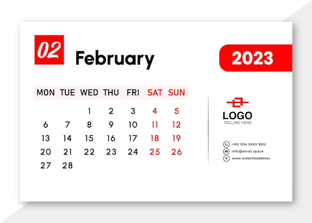 Шаблон календаря на февраль 2023 года.