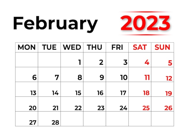 2023 年 2 月のマンスリー カレンダーは非常にきれいな外観で、週は月曜日から始まり、赤と黒で始まります