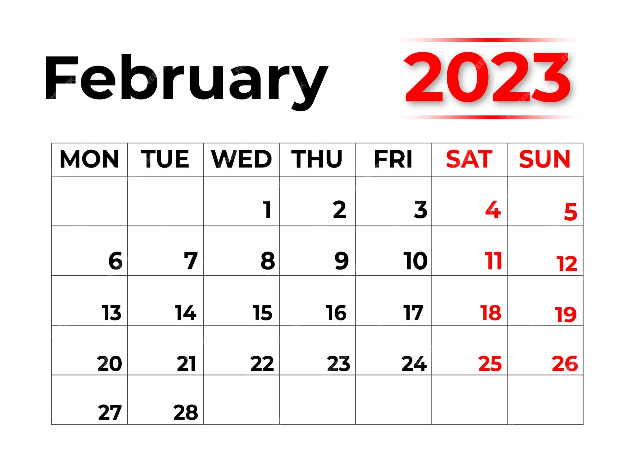 Premium Vector | February 2023 monthly calendar with very clean look, week  starts from monday with red and black