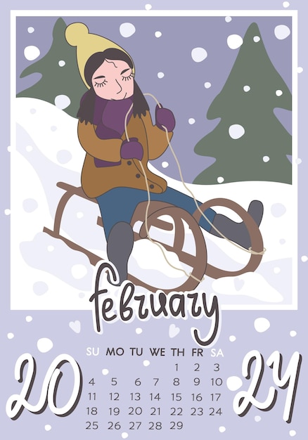 February 2024. Calendar A4, A3. Week starts on Sunday, vector illustration