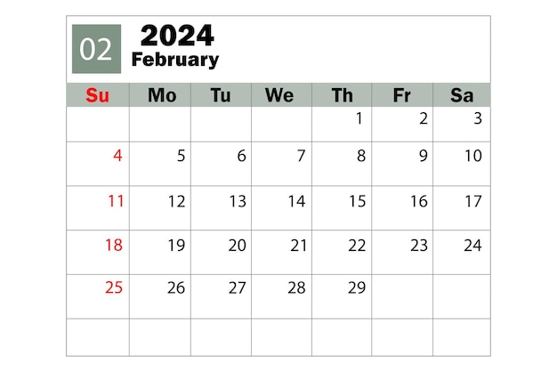 2024년 2월 달력입니다. 다이어리 캘린더. 일일 플래너. 벡터 일러스트 레이 션