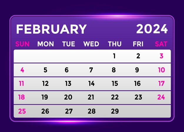 February 2024 Monthly Modern Calendar Design With Shiny Glow in Purple Shade