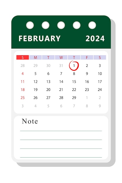 February 2024 note calendar template vector design