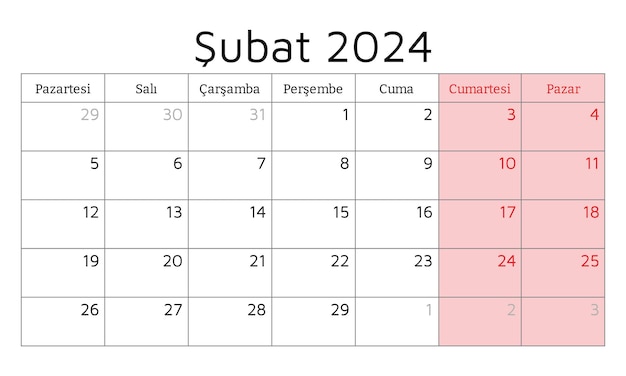 2024年2月 TURKISHカレンダー ベクトルイラスト トルコでのビジネスの月間計画