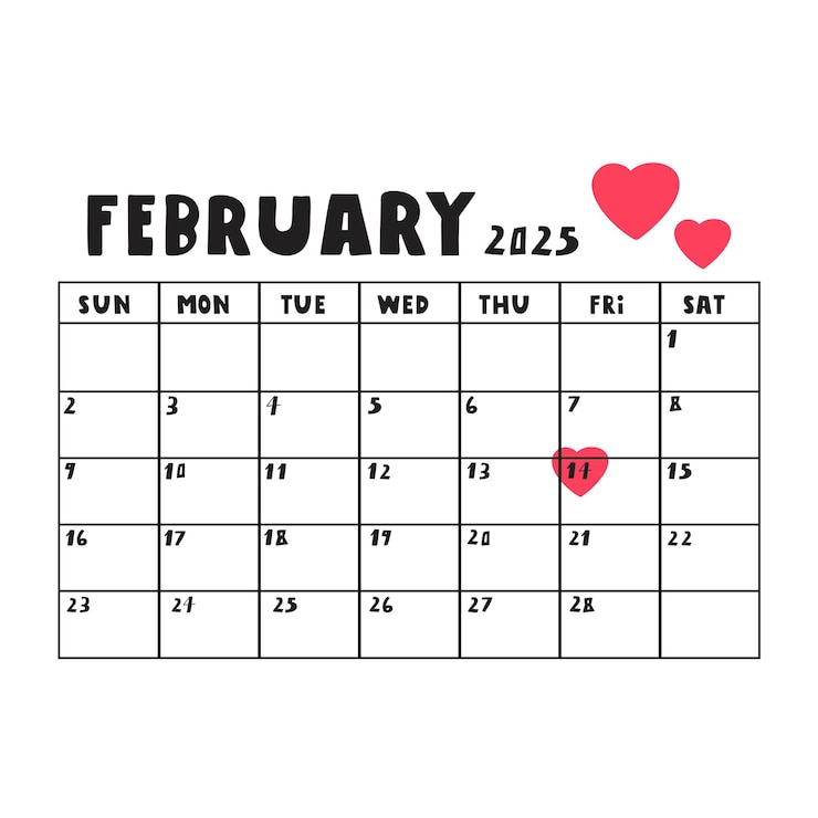 Vector february 2025 template calendar simple planner hand drawn illustration on white background
