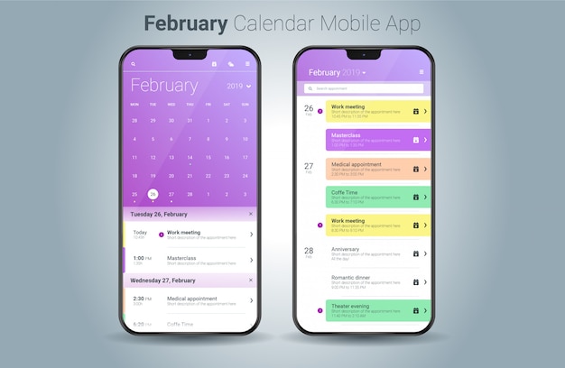 Vettore vettore di ui della luce di applicazione mobile del calendario di febbraio