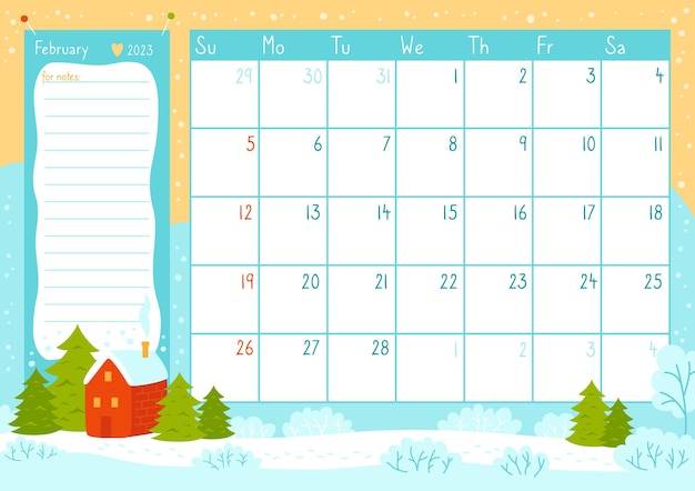 Vettore febbraio pagina calendario modello organizzatore anno 2023 note trendy note planner diario inverno memoria
