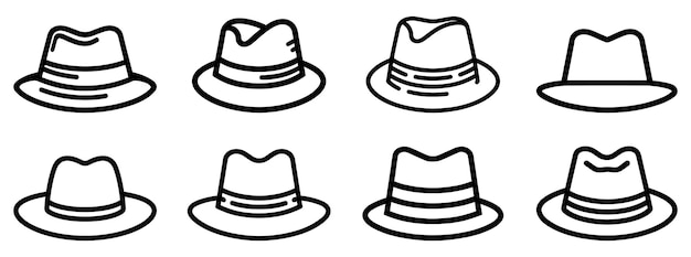 Fedora hoed icon Collectie van lijn kunst tekeningen van verschillende fedora hoeden Zwarte iconen van mannelijke klassieke hoeden Vector illustratie