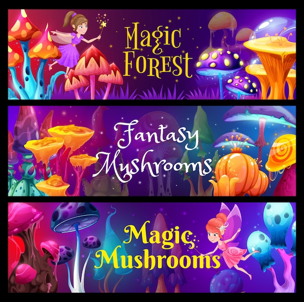 Fee in het bos van de magische paddestoel. vectorbanners met sprookjesachtige feeënmeisje elf stripfiguren met magische toverstokken en vleugels, neon gloeiende paddestoelen en schimmels planten, glanzende vonken en lichten