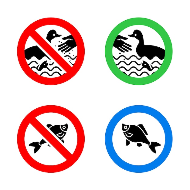 Non dare da mangiare agli uccelli e segnali di divieto di pesca
