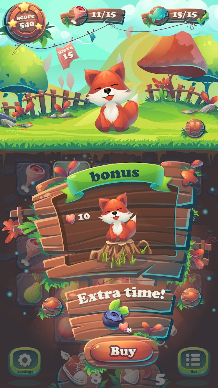 Vector feed the fox gui match 3 bonus window