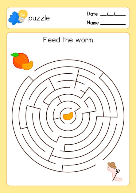 みみずの迷路ゲーム演習シートかわいい落書きベクトル漫画のオレンジをフィードします。