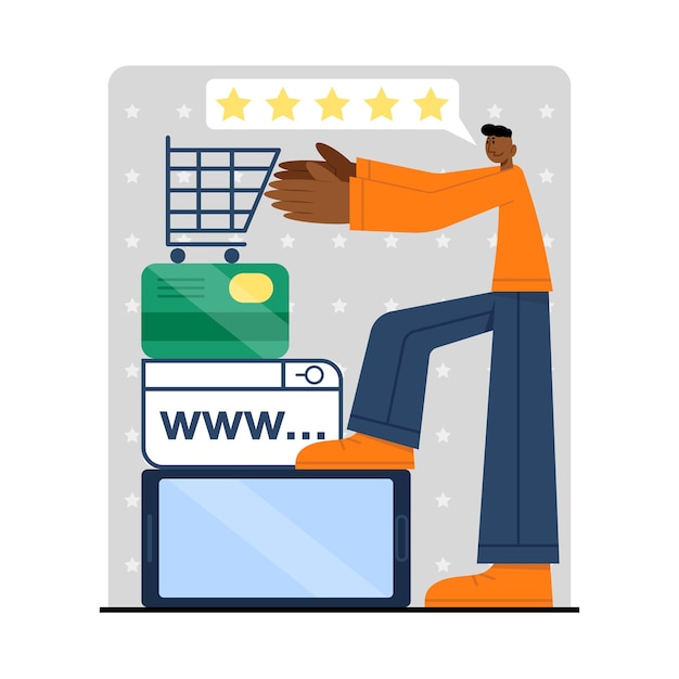 구매에 대한 피드백 온라인 응용 프로그램에서 제품 평가 남성 캐릭터는 제품 품질 및 배달에 대한 상점 웹 사이트에서 글을 남니다 인터넷을 통해 물건을 검색하고 지불하십시오.