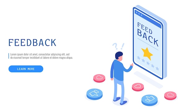 ベクトル フィードバックとレビューの概念男はスマートフォンの画面を見て、フィードバックを残そうとしますwebバナーベクトルイラストxa