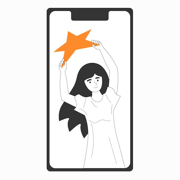 Концепция обратной связи на экране смартфона Женщина-клиент держит в руках звезды